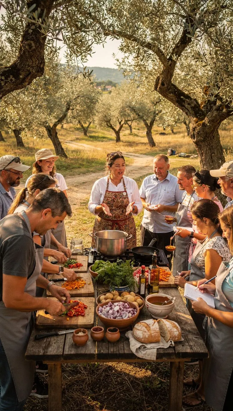 A picturesque view of a rustic Slovak village with charming market stalls lining the street.