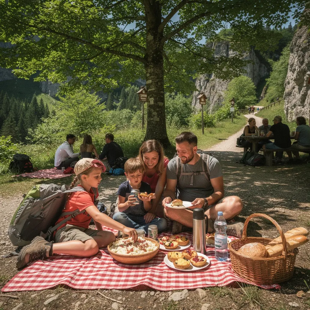 A group of tourists tasting delicious street food from a popular food stall in Slovakia.