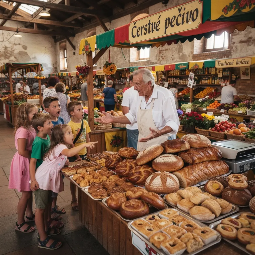 A traditional Slovak vendor proudly displaying handmade crafts and artisanal goods.