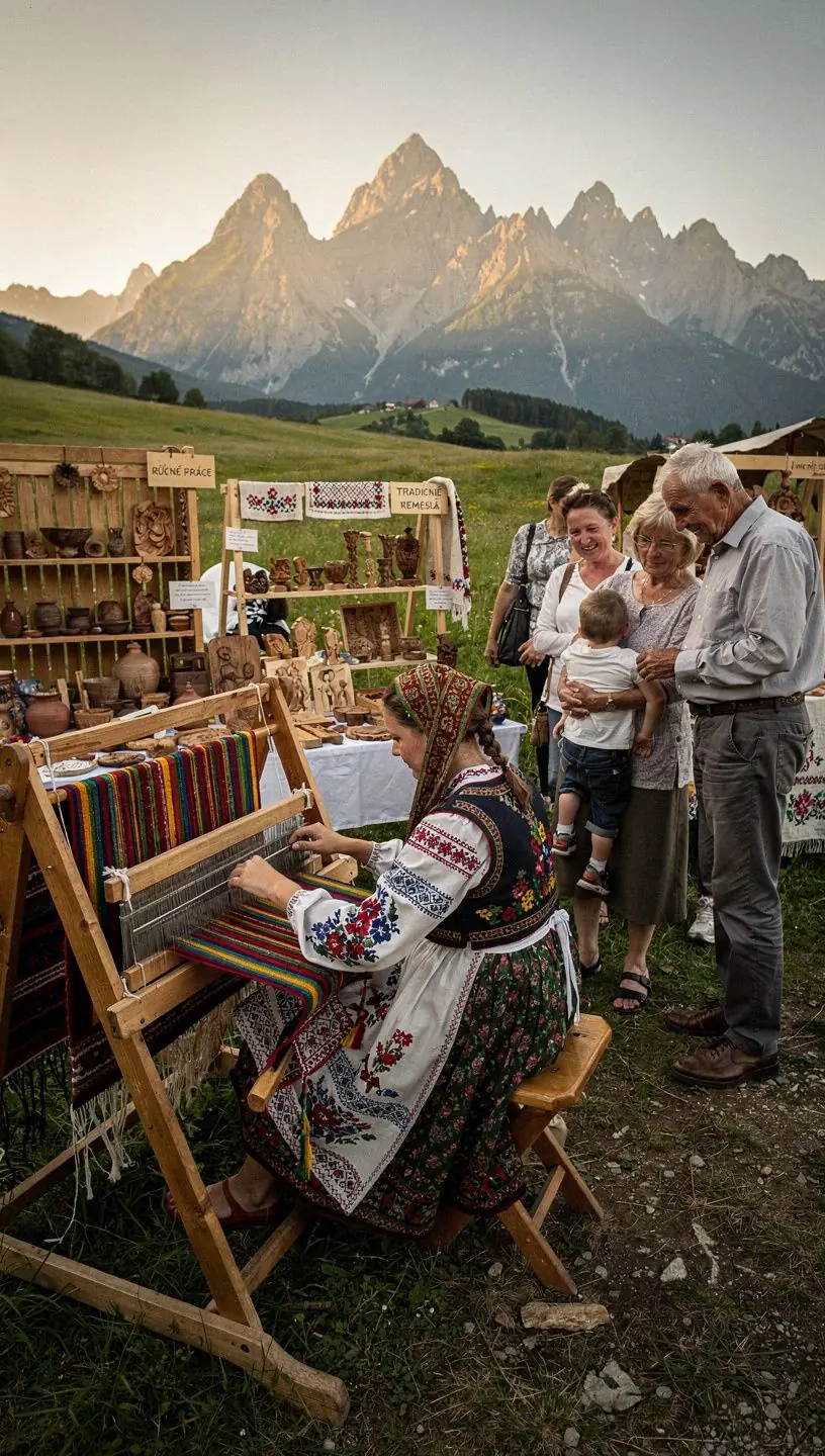 A cheerful vendor interacting with customers, offering samples of traditional Slovak cuisine.