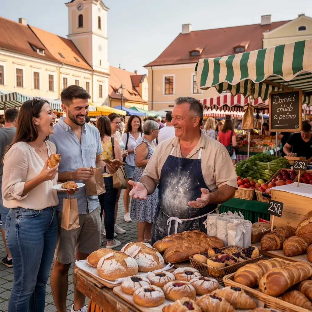 Close-up of a vendor preparing delicious street food, highlighting traditional Slovak ingredients.