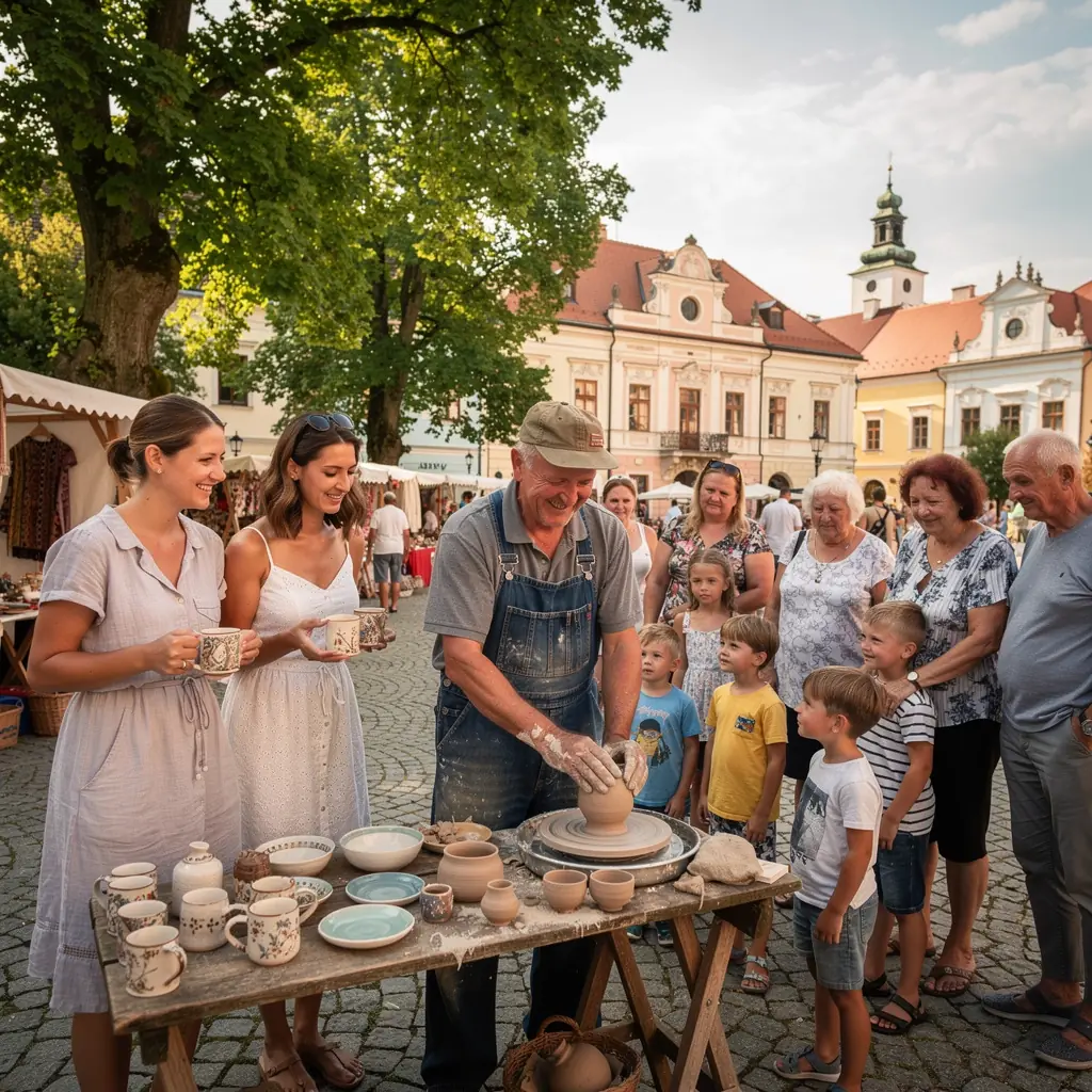 A scenic landscape of Slovakia with a market in the foreground, emphasizing the region's culinary culture.