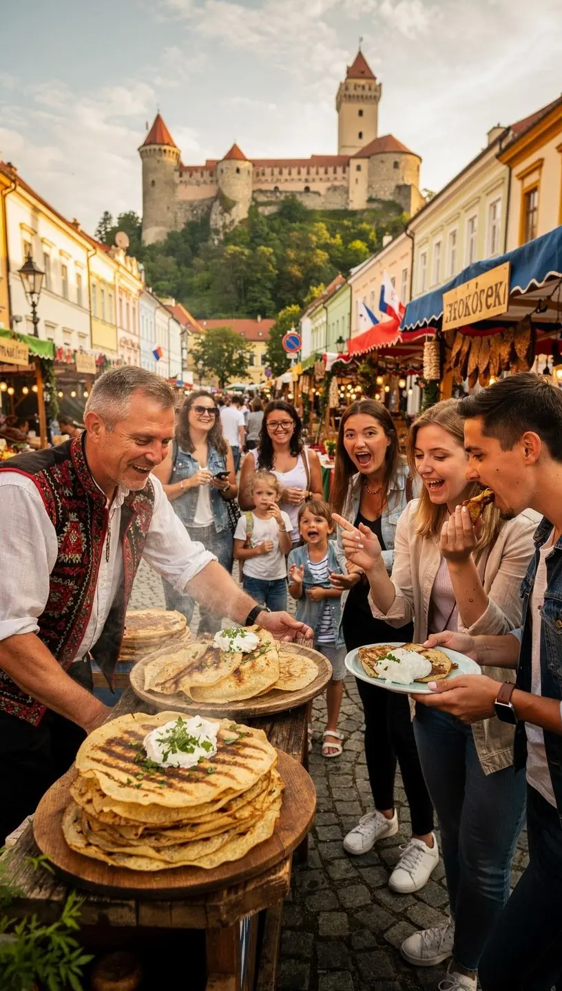 A vibrant outdoor market in Slovakia showcasing fresh produce and local delicacies.